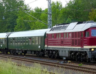 Sonderzug mit roter Diesellok fährt durch Landschaft mit Wald im Hintergrund.